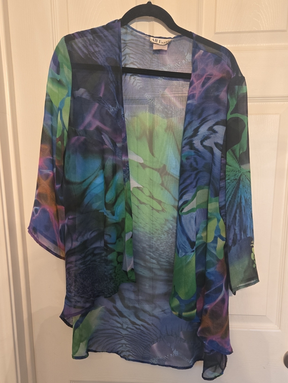 All That Jazz Sheer Blue & Green Patterned Kimono Cover-Up